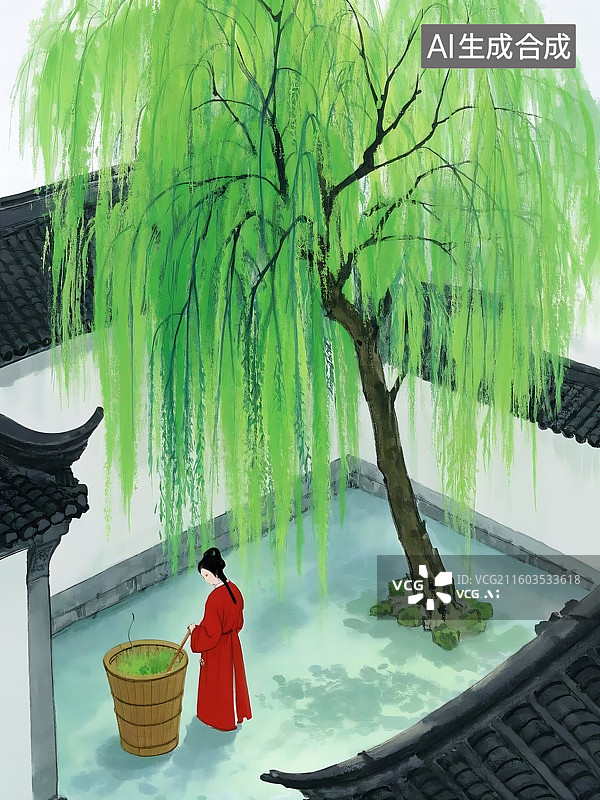 【AI数字艺术】庭院垂柳，红衣女子图片素材