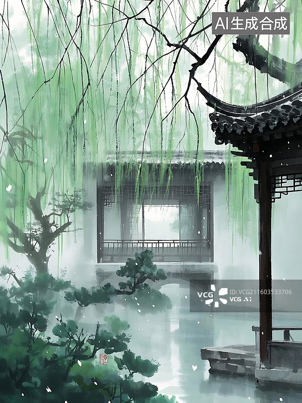 【AI数字艺术】水墨江南园林，垂柳依依，亭台水榭，意境悠远图片素材