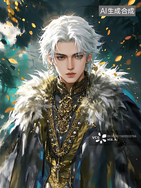 【AI数字艺术】贵族男子肖像，银发金饰，华丽装扮图片素材