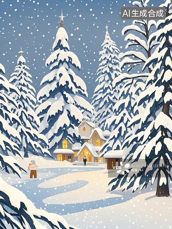【AI数字艺术】雪夜村庄，静谧温馨的冬日景象图片素材