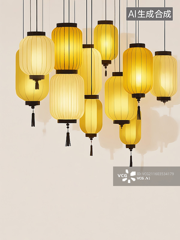 【AI数字艺术】悬挂的黄色中国灯笼装饰图片素材
