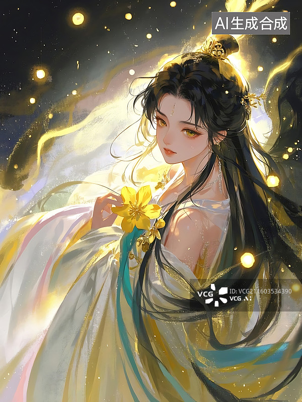 【AI数字艺术】古典美人手持金黄之花，眼神温柔，背景点缀星光图片素材