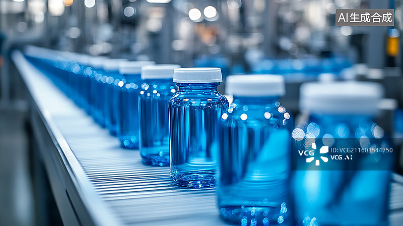 【AI数字艺术】药瓶在传送带上的生产场景图片素材