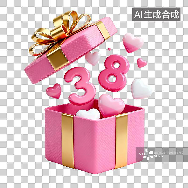 【AI数字艺术】女神节元素：38妇女节礼盒立体插画图标图图片素材