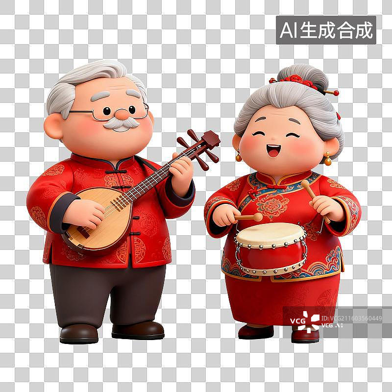 【AI数字艺术】传统服饰老年夫妇演奏乐器图片素材