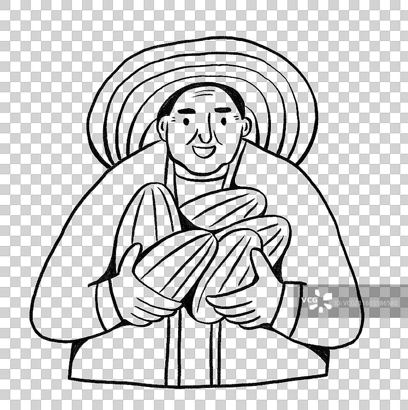 手绘黑白插画抱着蔬果的农民图片素材