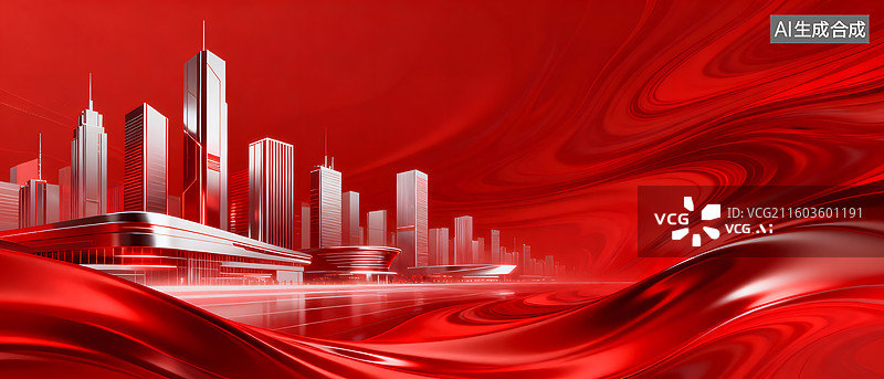 【AI数字艺术】红色流体背景中的现代都市天际线图片素材