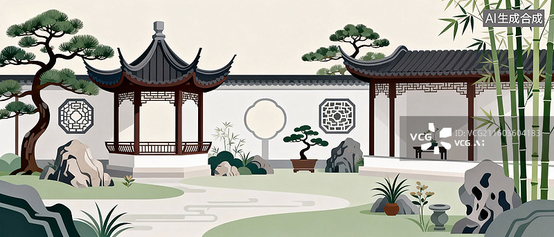 【AI数字艺术】中式江南庭院园林景观图片素材