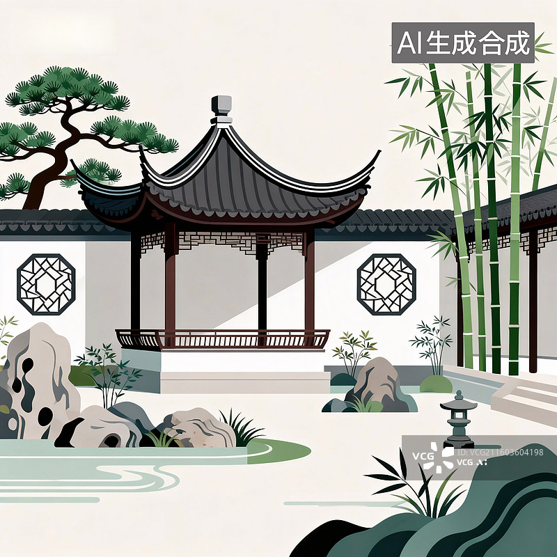 【AI数字艺术】中式江南庭院园林景观图片素材