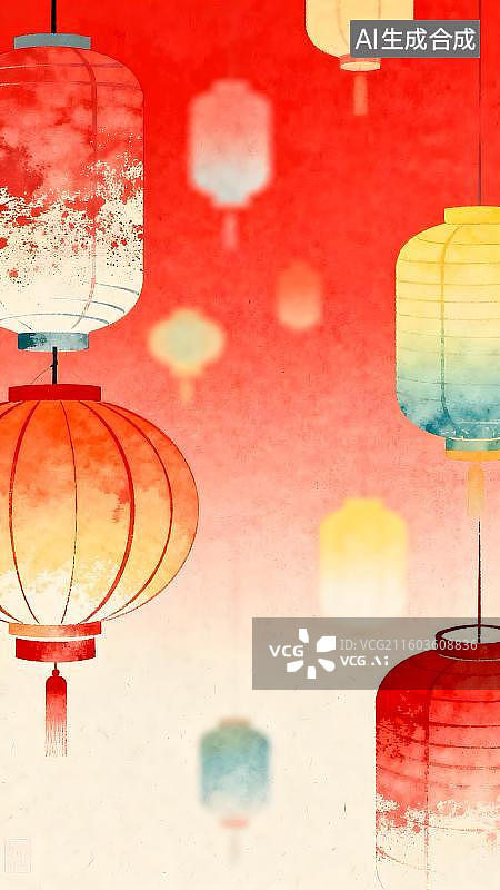 【AI数字艺术】手绘风格国风春节元宵节节日灯笼插画图片素材