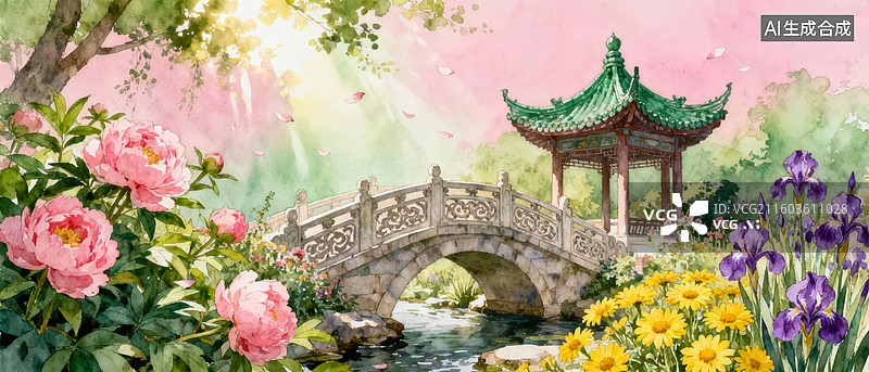 【AI数字艺术】中式园林石桥花景图片素材