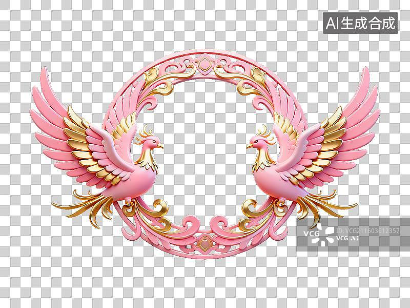 【AI数字艺术】粉金双凤朝阳圆形中式边框图片素材
