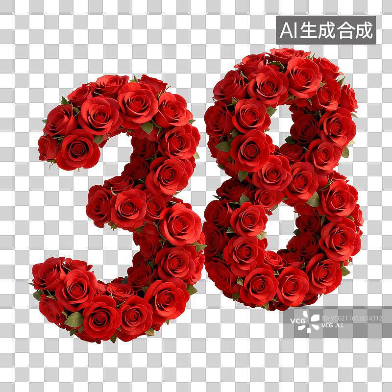 【AI数字艺术】红色玫瑰组成的数字三十八图片素材
