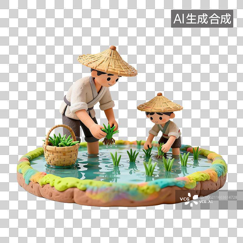 【AI数字艺术】3D粘土风惊蛰节气农忙插秧图片素材