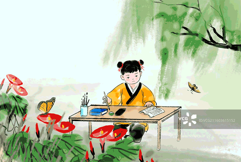 东方美学 少年 画家 齐白石 牵牛花 乡村 学习图片素材