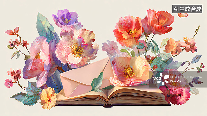 【AI数字艺术】花卉信封翻开的书本艺术静物组合图片素材