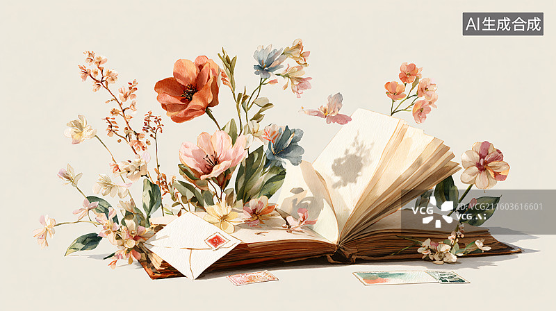 【AI数字艺术】花卉信封翻开的书本艺术静物组合图片素材