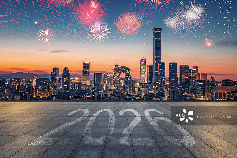 2026年新年烟火，北京国贸CBD金融区夜景，城市夜景，城市天际线，2026年，新年烟火图片素材