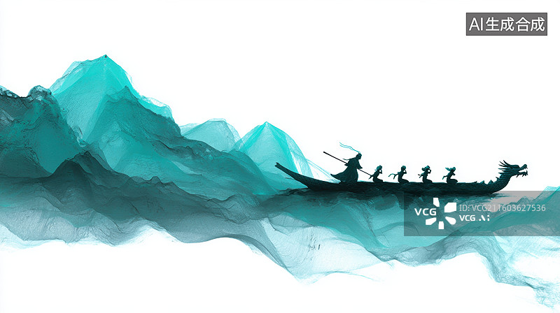 【AI数字艺术】水墨风格龙舟划行图图片素材