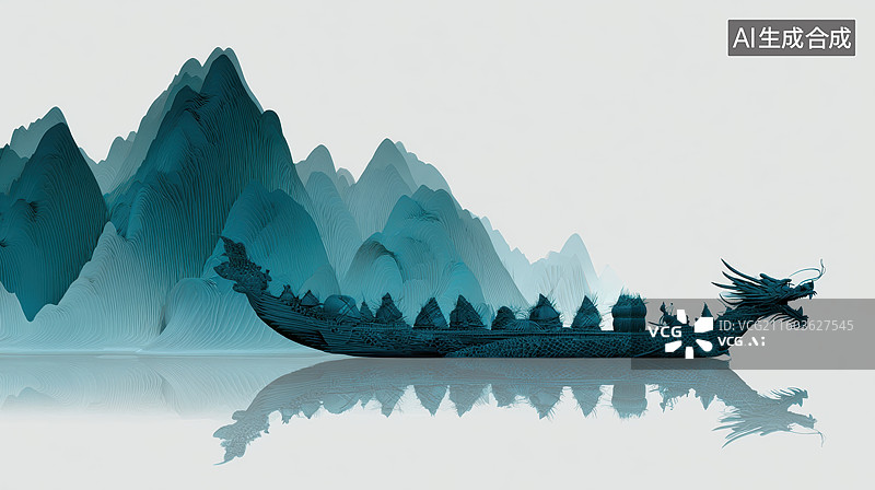【AI数字艺术】龙舟静泊山水间图片素材