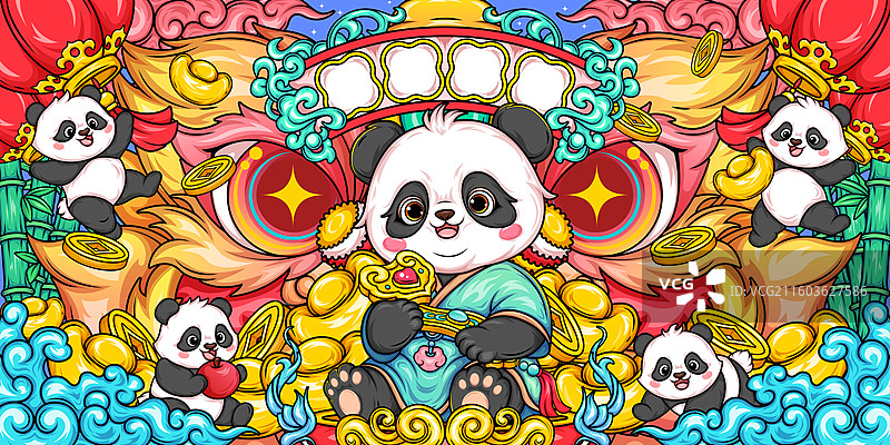 矢量国潮熊猫新春过年吉祥节日插画图片素材