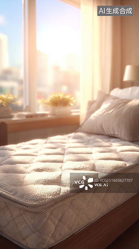 【AI数字艺术】阳光洒落的卧室床铺图片素材