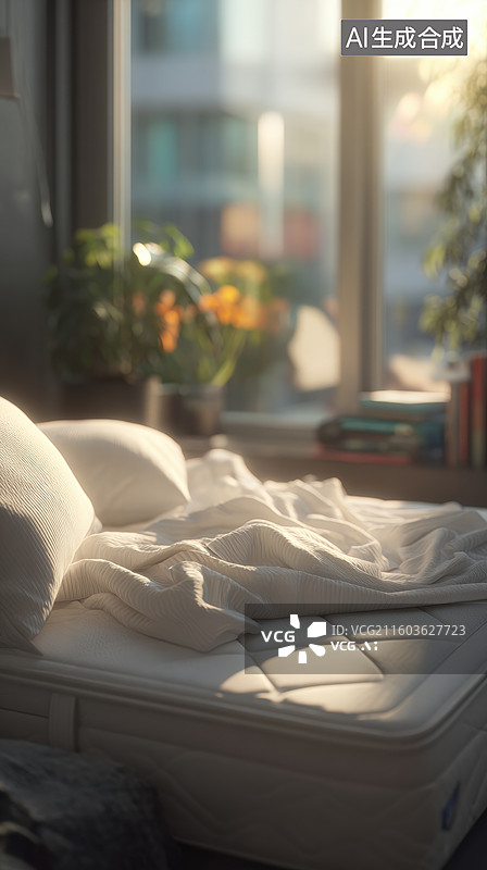 【AI数字艺术】阳光洒落的卧室床铺图片素材