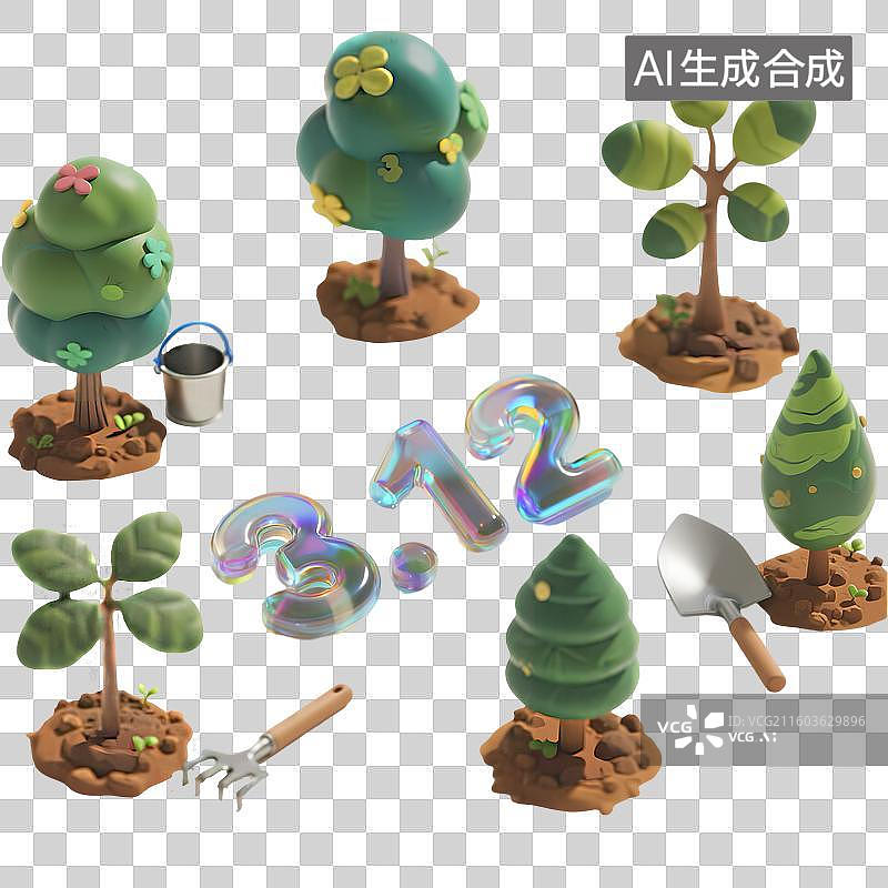 【AI数字艺术】创意数字312植树节3D立体卡通质感插画元素图片素材