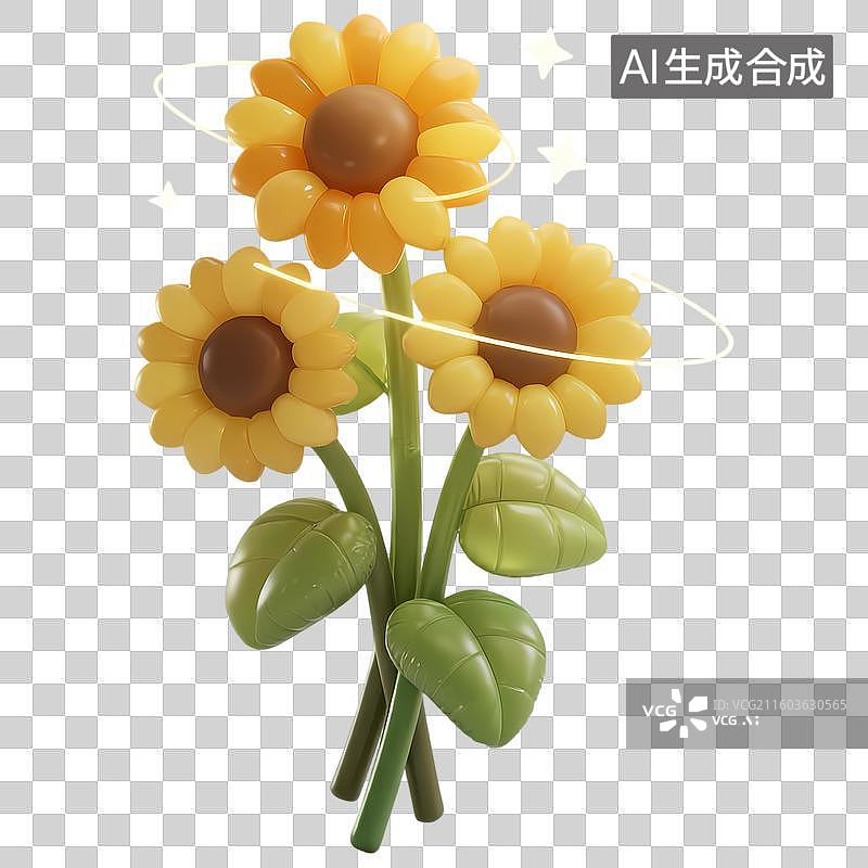 【AI数字艺术】向日葵花束膨胀风3D立体卡通质感插画元素图片素材
