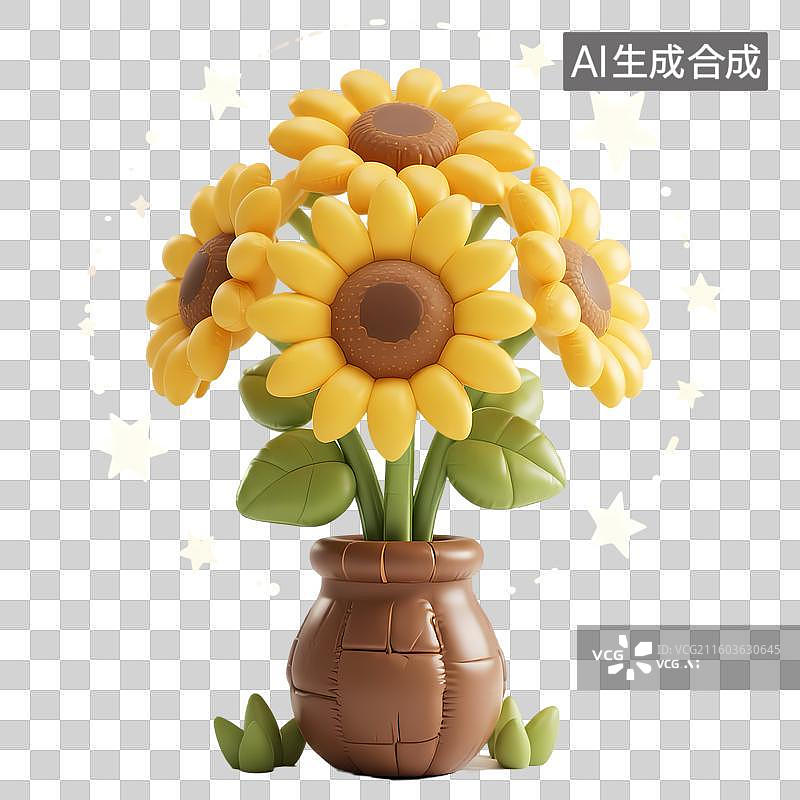 【AI数字艺术】向日葵花束膨胀风3D立体卡通质感插画元素图片素材
