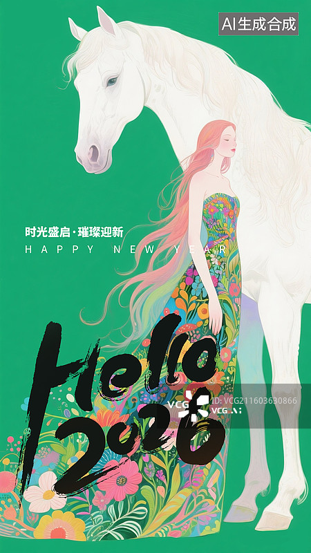【AI数字艺术】牵着白马的美女，手绘穿鲜花长裙的长发女孩靠在白马旁边，马年繁花似锦新年贺图插画海报模版 竖版图片素材