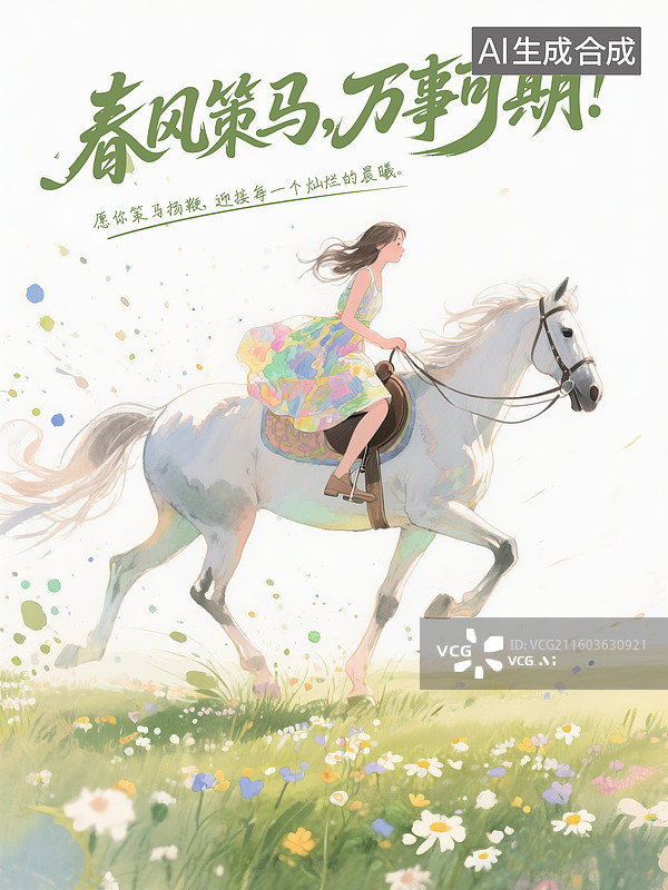 【AI数字艺术】小清新马年插画海报模版 春风策马，万事可期， 女孩骑骏马在春天的草地上，策马扬鞭 竖版图片素材