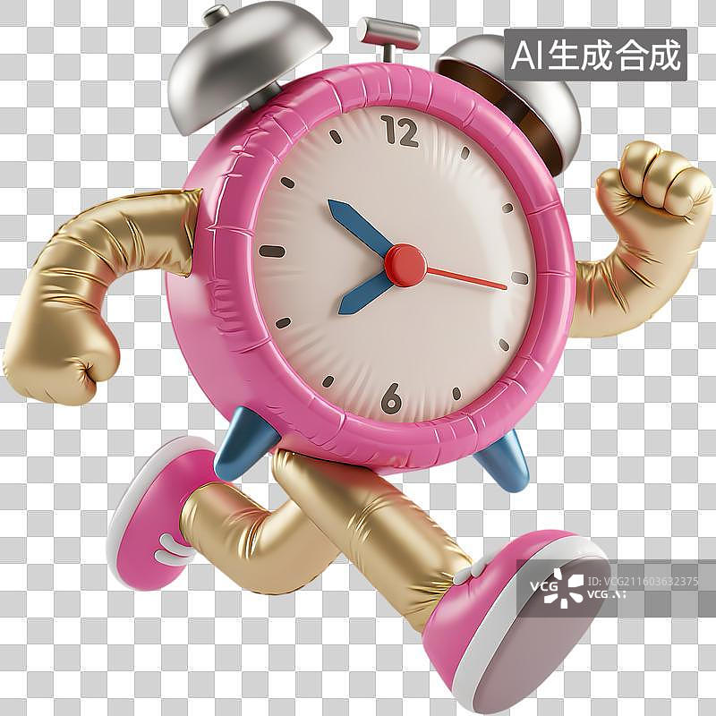 【AI数字艺术】拟人闹钟奔跑3D立体卡通膨胀风质感插画元素图片素材