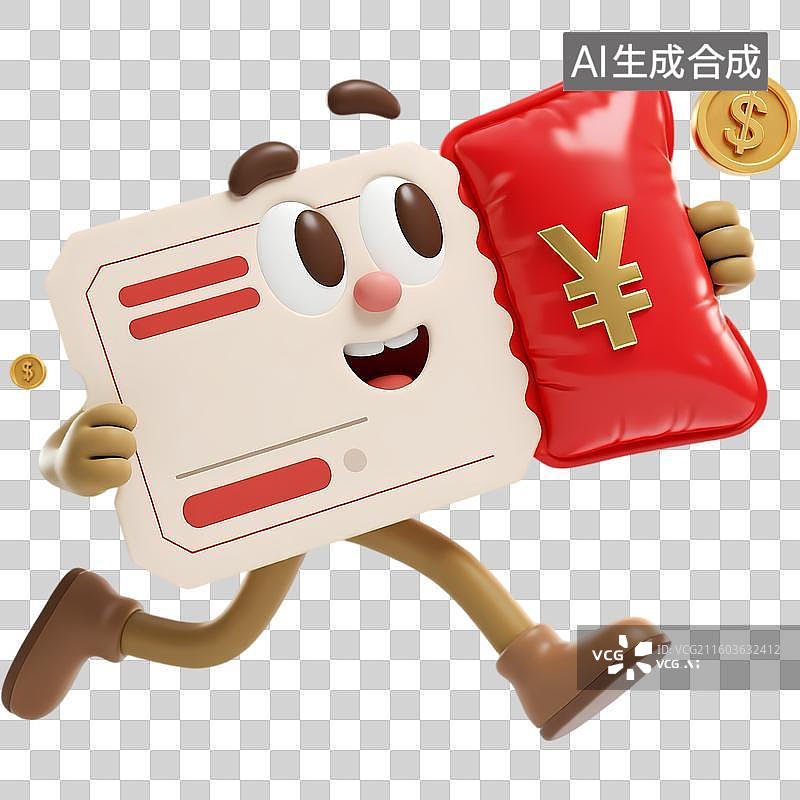 【AI数字艺术】拟人票券奔跑喜庆红色3D立体卡通膨胀风质感插画元素图片素材