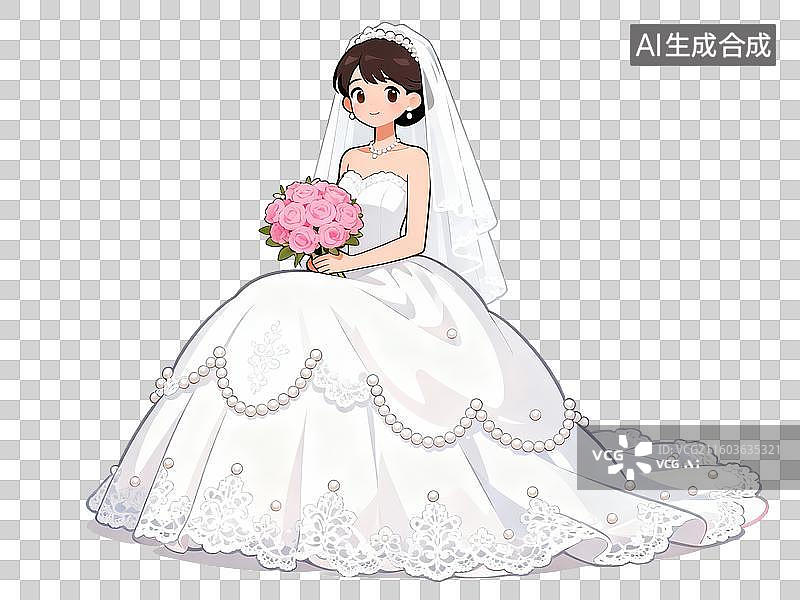 【AI数字艺术】结婚主题 新娘手持花束的婚纱插画图片素材