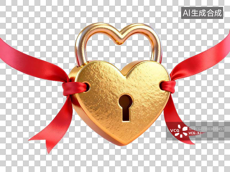 【AI数字艺术】结婚主题 金色心形锁配红丝带图片素材
