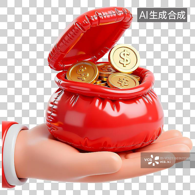 【AI数字艺术】手托钱袋金币3D立体卡通膨胀风质感插画元素图片素材