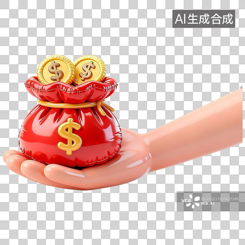 【AI数字艺术】手托钱袋金币3D立体卡通膨胀风质感插画元素图片素材