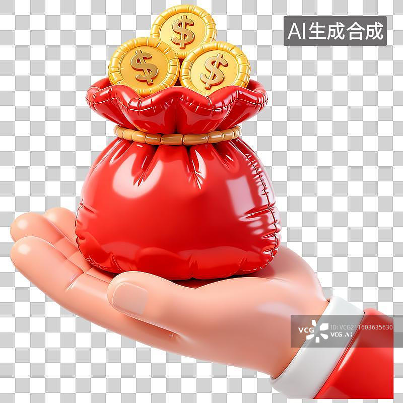 【AI数字艺术】手托钱袋金币3D立体卡通膨胀风质感插画元素图片素材