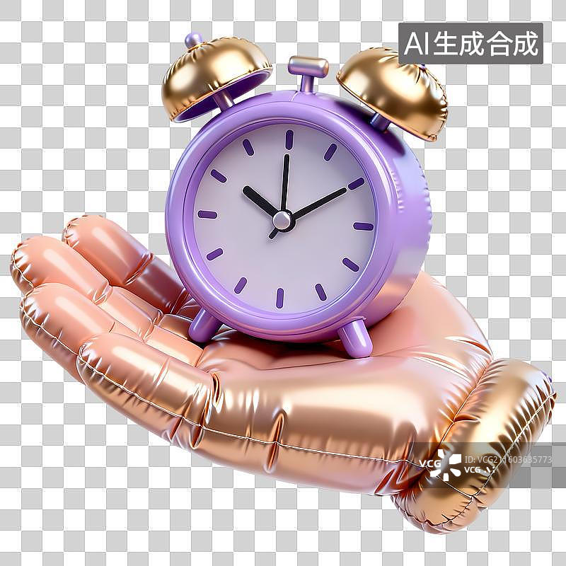 【AI数字艺术】紫色金色闹钟3D立体卡通膨胀风质感插画元素图片素材