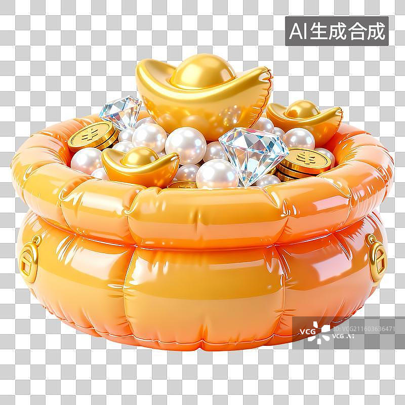 【AI数字艺术】聚宝盆珍珠钻石元宝3D立体卡通膨胀风质感插画元素图片素材