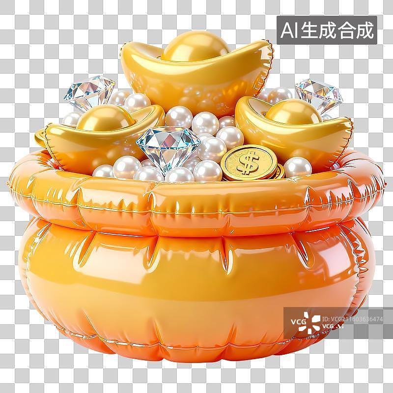 【AI数字艺术】聚宝盆珍珠钻石元宝3D立体卡通膨胀风质感插画元素图片素材