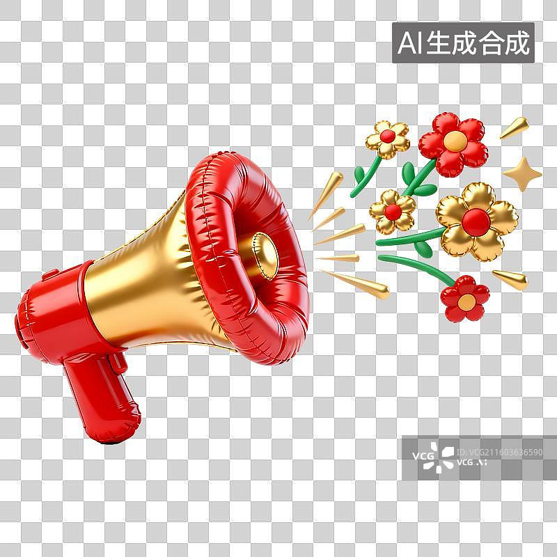 【AI数字艺术】红金喇叭花朵3D立体卡通膨胀风质感插画元素图片素材