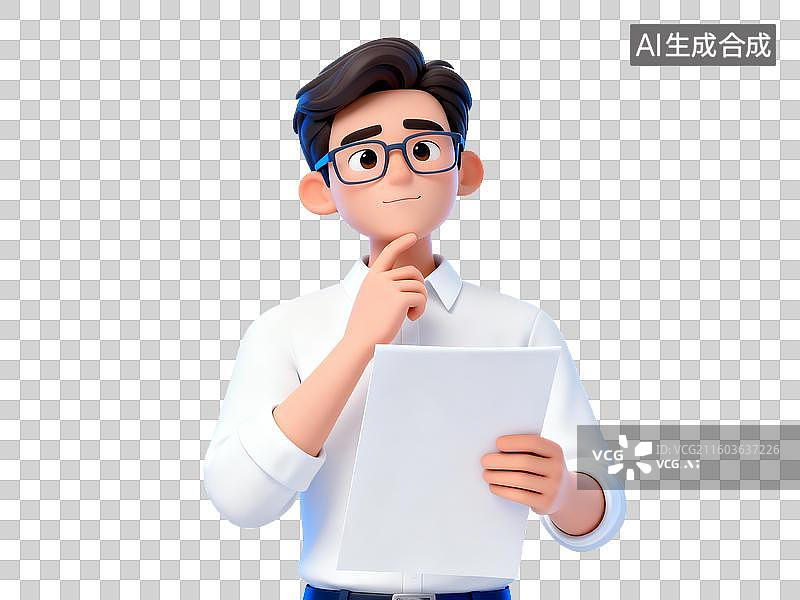 【AI数字艺术】招聘求职主题 戴眼镜男子手持文件思考图片素材