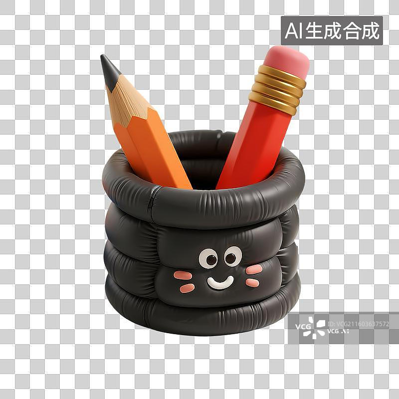 【AI数字艺术】铅笔笔筒3D立体卡通膨胀风质感插画元素图片素材