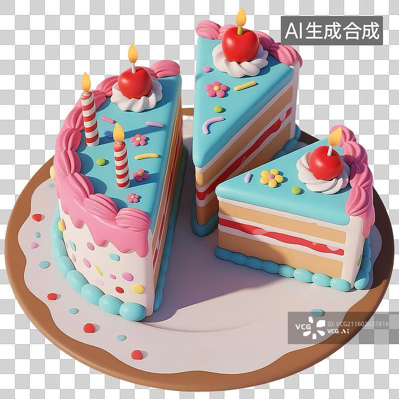 【AI数字艺术】切块蛋糕生日蛋糕3D立体卡通膨胀风质感插画元素图片素材
