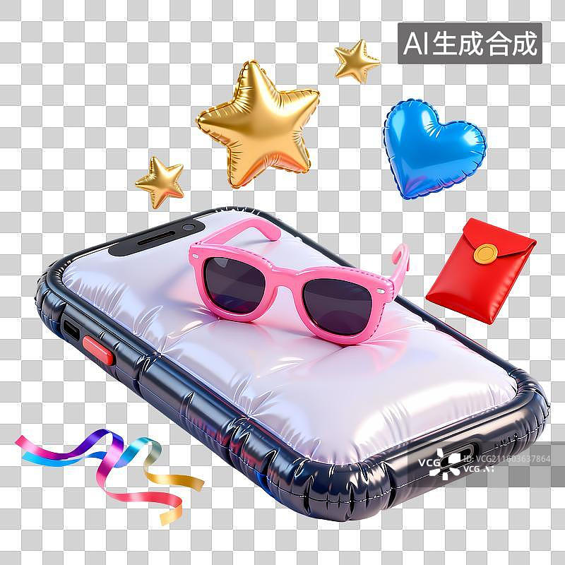 【AI数字艺术】手机屏幕红包爱心星星墨镜3D立体卡通膨胀风质感插画元素图片素材