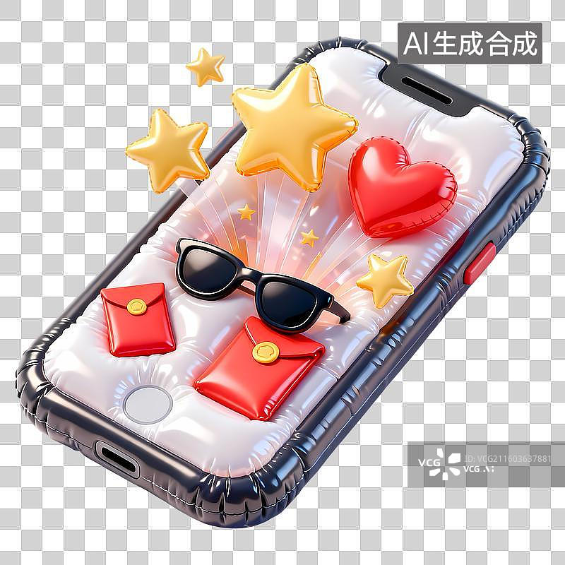 【AI数字艺术】手机屏幕红包爱心星星墨镜3D立体卡通膨胀风质感插画元素图片素材