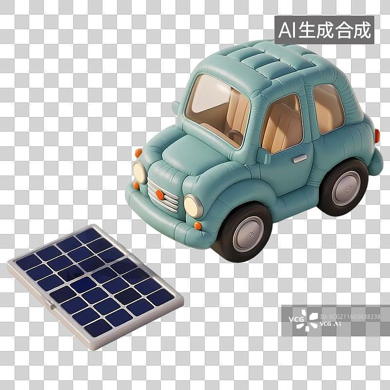 【AI数字艺术】太阳能板汽车3D立体卡通膨胀风质感插画元素图片素材