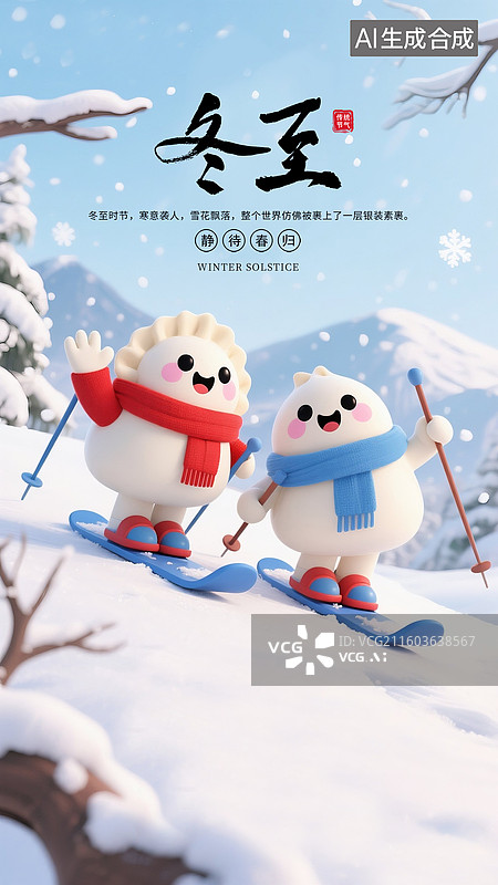 【AI数字艺术】二十四节气系列插画海报模版-冬天 冬至包汤圆包水饺 3D拟人的饺子和汤圆在雪山滑雪 冬天滑雪季节 竖图片素材
